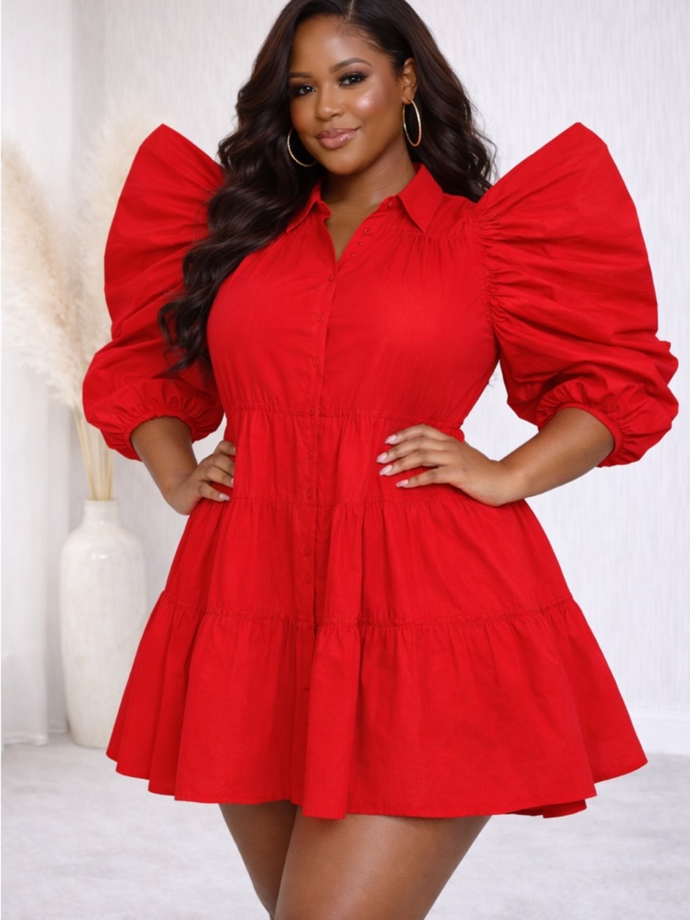 Red Puff-Sleeve Tiered Shirt Dress - Unbranded